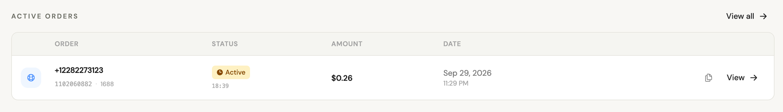 Seamtel active orders table, listing a virtual number with its status, amount and date.
