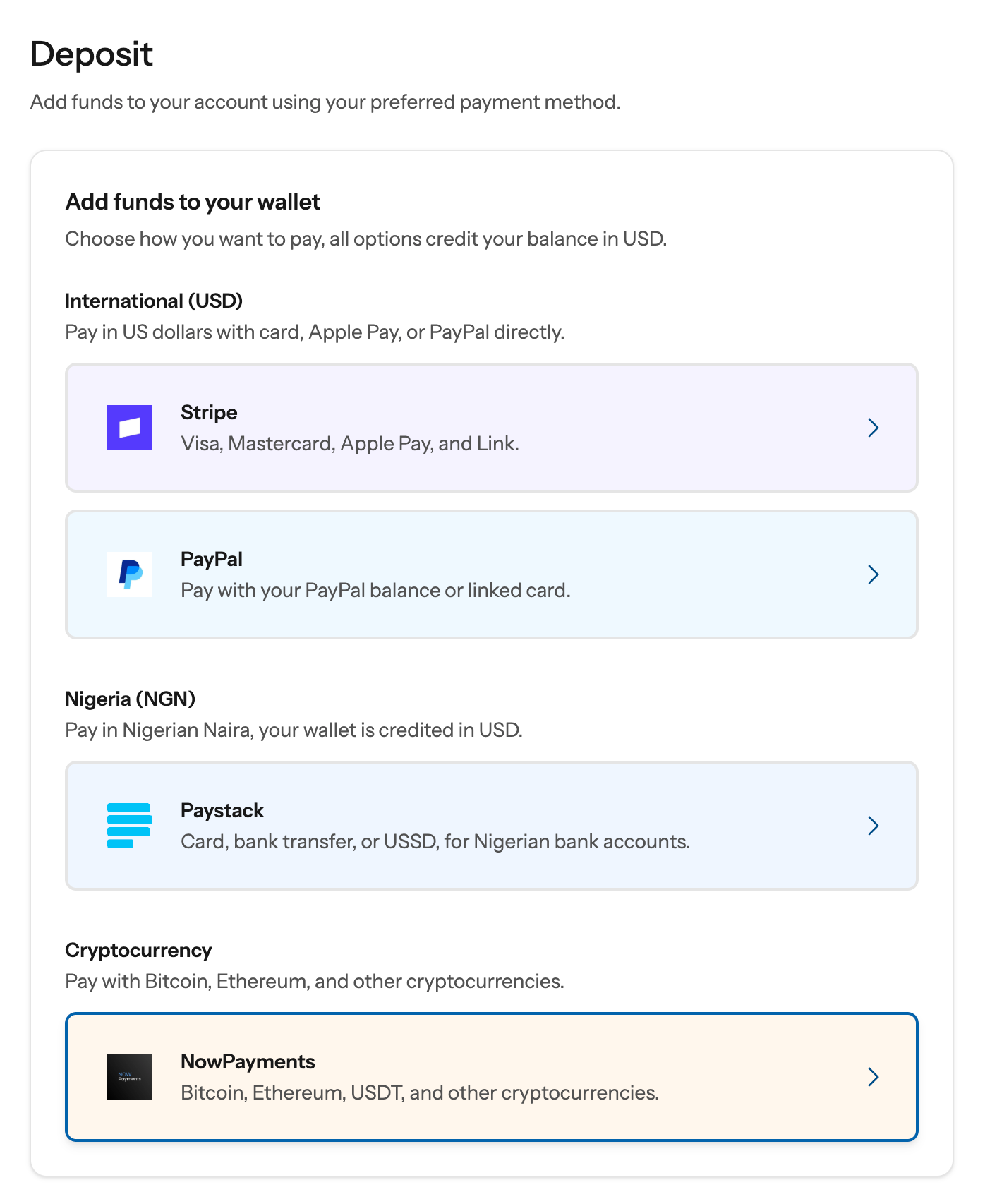 Deposit page listing Stripe, PayPal, Paystack and NowPayments.