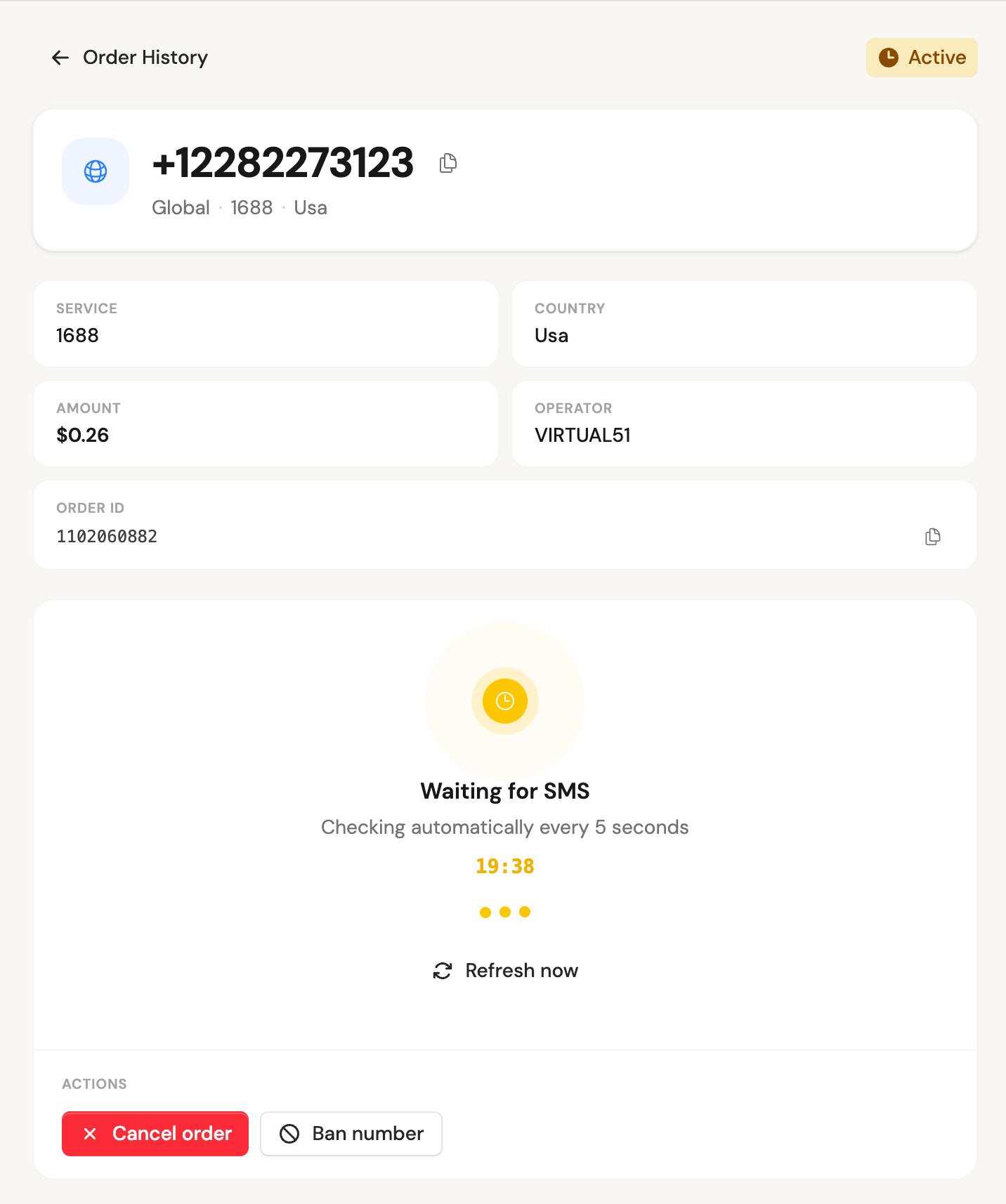 A rented number in Seamtel waiting for an SMS, with a countdown and the order details.
