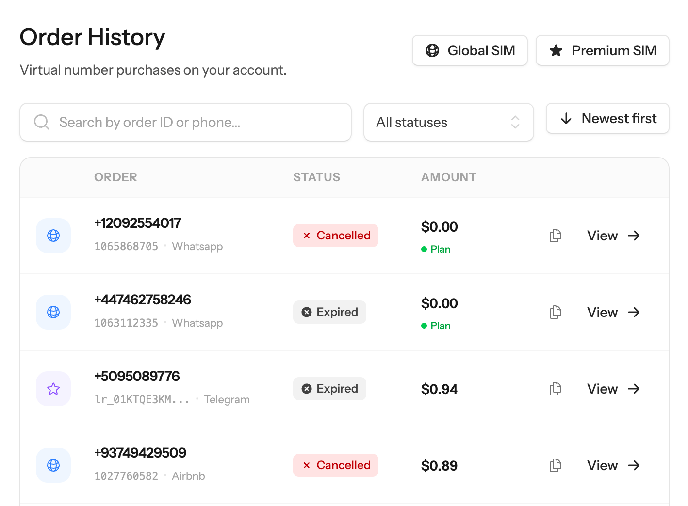Order history listing virtual numbers with their status, amount and date.